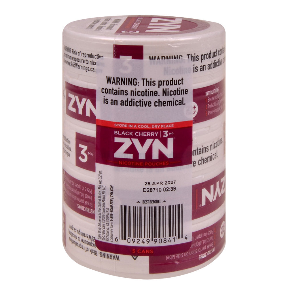 ZYN Nicotine Pouches 3mg 5 Cans of 15 Black Cherry