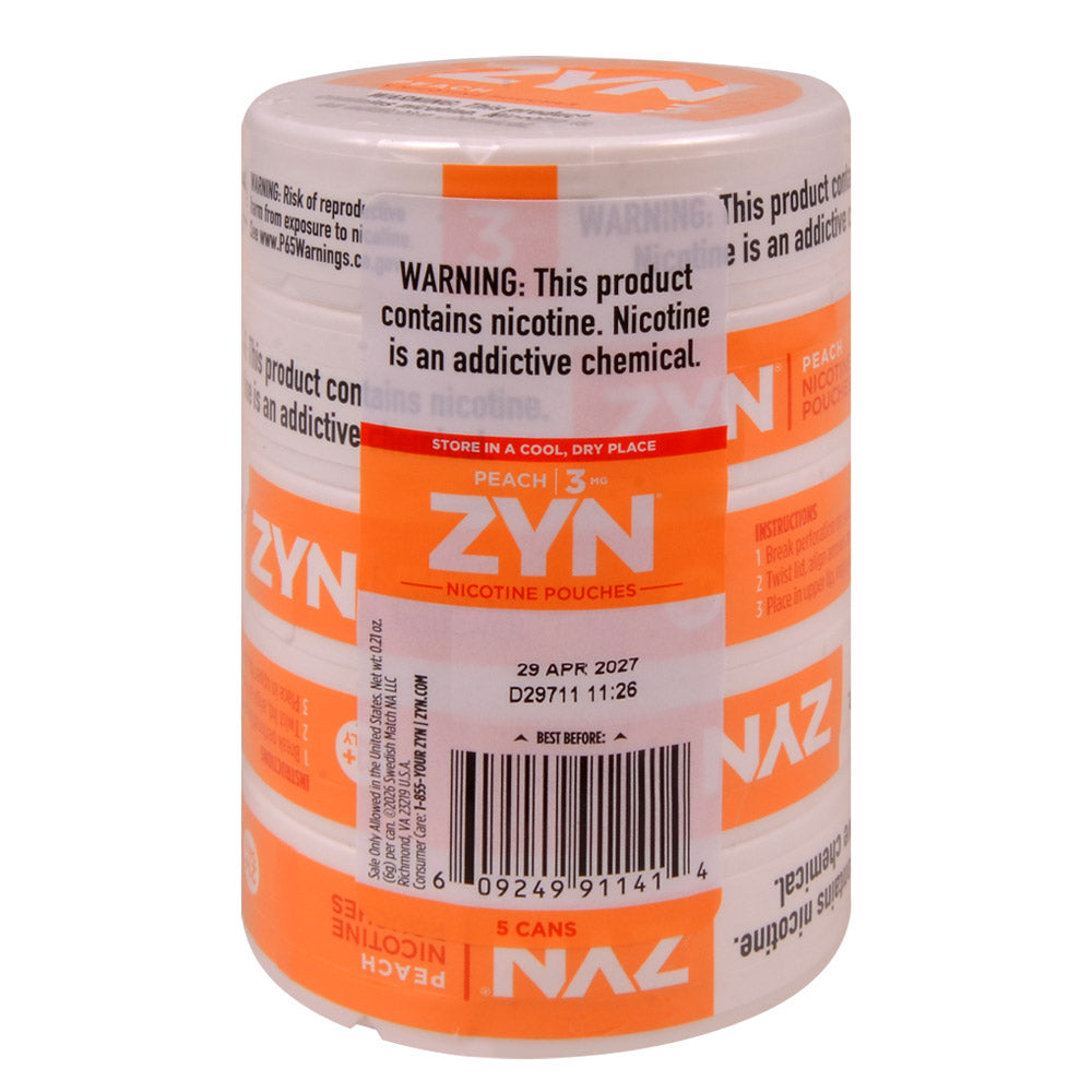 ZYN Nicotine Pouches 3mg 5 Cans of 15 Peach