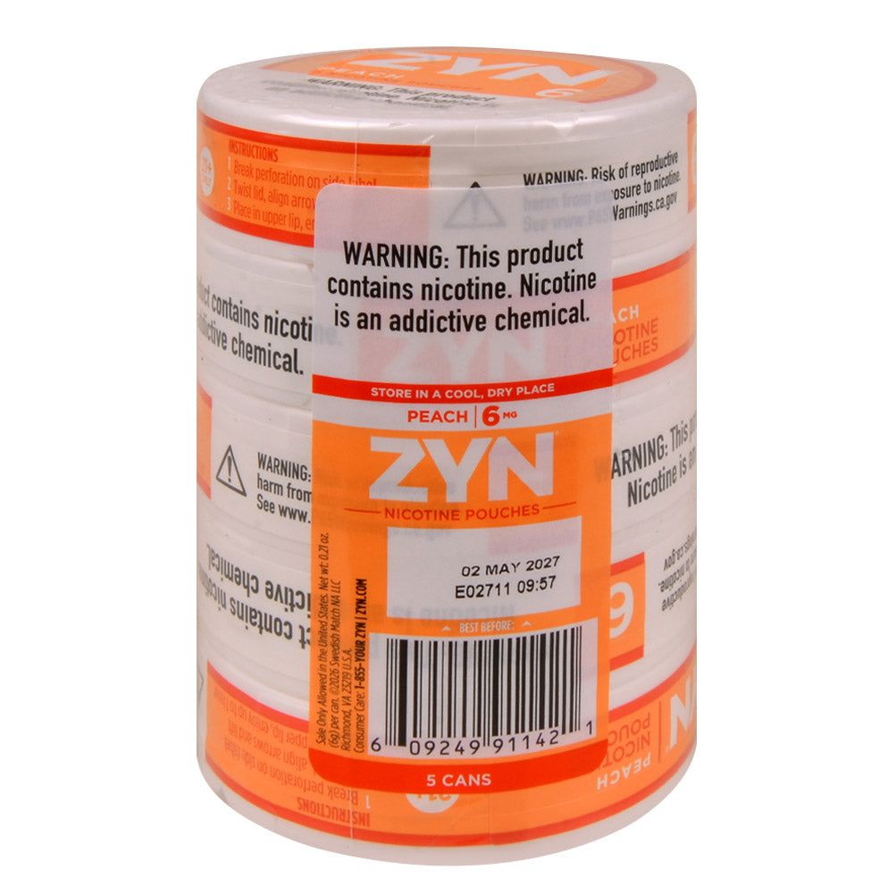 ZYN Nicotine Pouches 6mg 5 Cans of 15 Peach