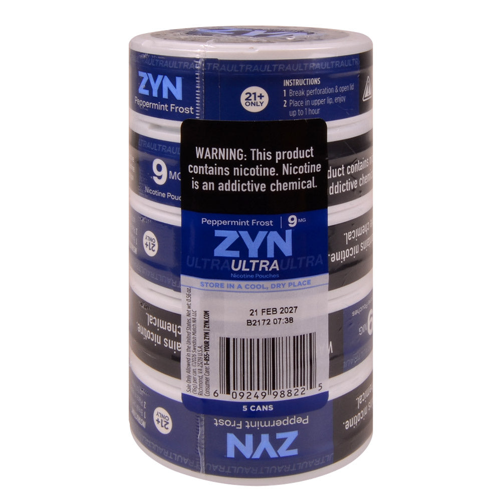 ZYN ULTRA Nicotine Pouches 9mg 5 Cans of 20 Peppermint Frost
