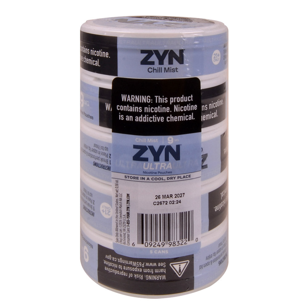 ZYN ULTRA Nicotine Pouches 9mg 5 Cans of 20 Chill Mist