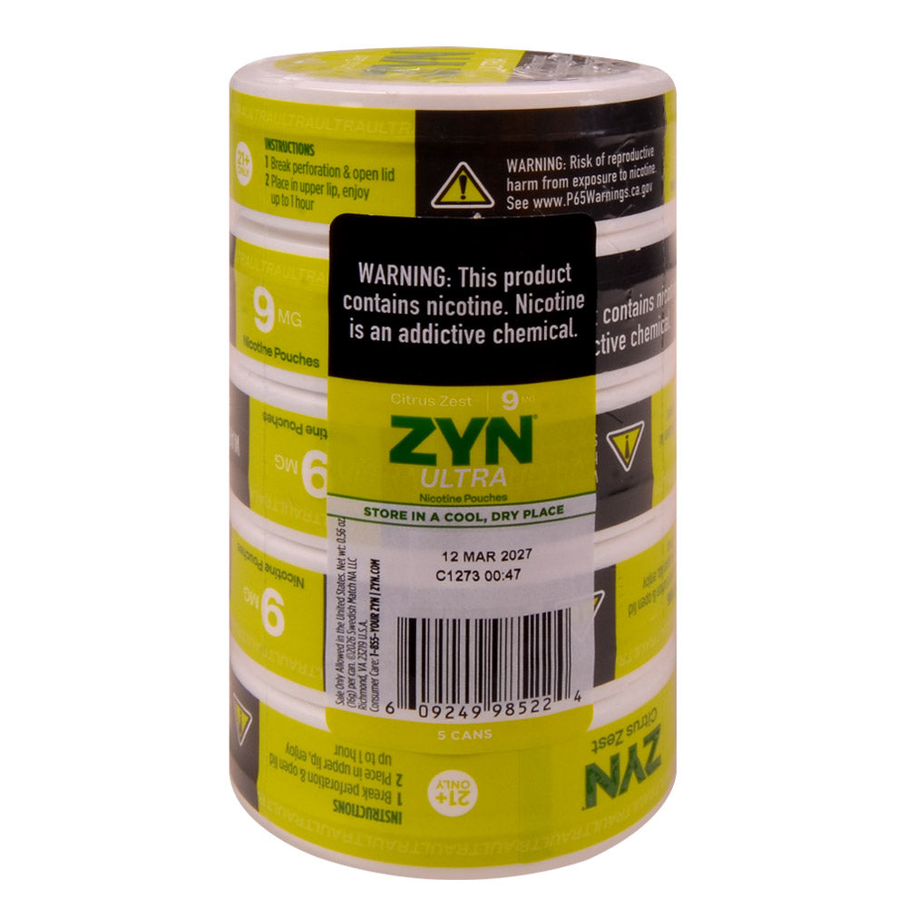 ZYN ULTRA Nicotine Pouches 9mg 5 Cans of 20 Citrus Zest