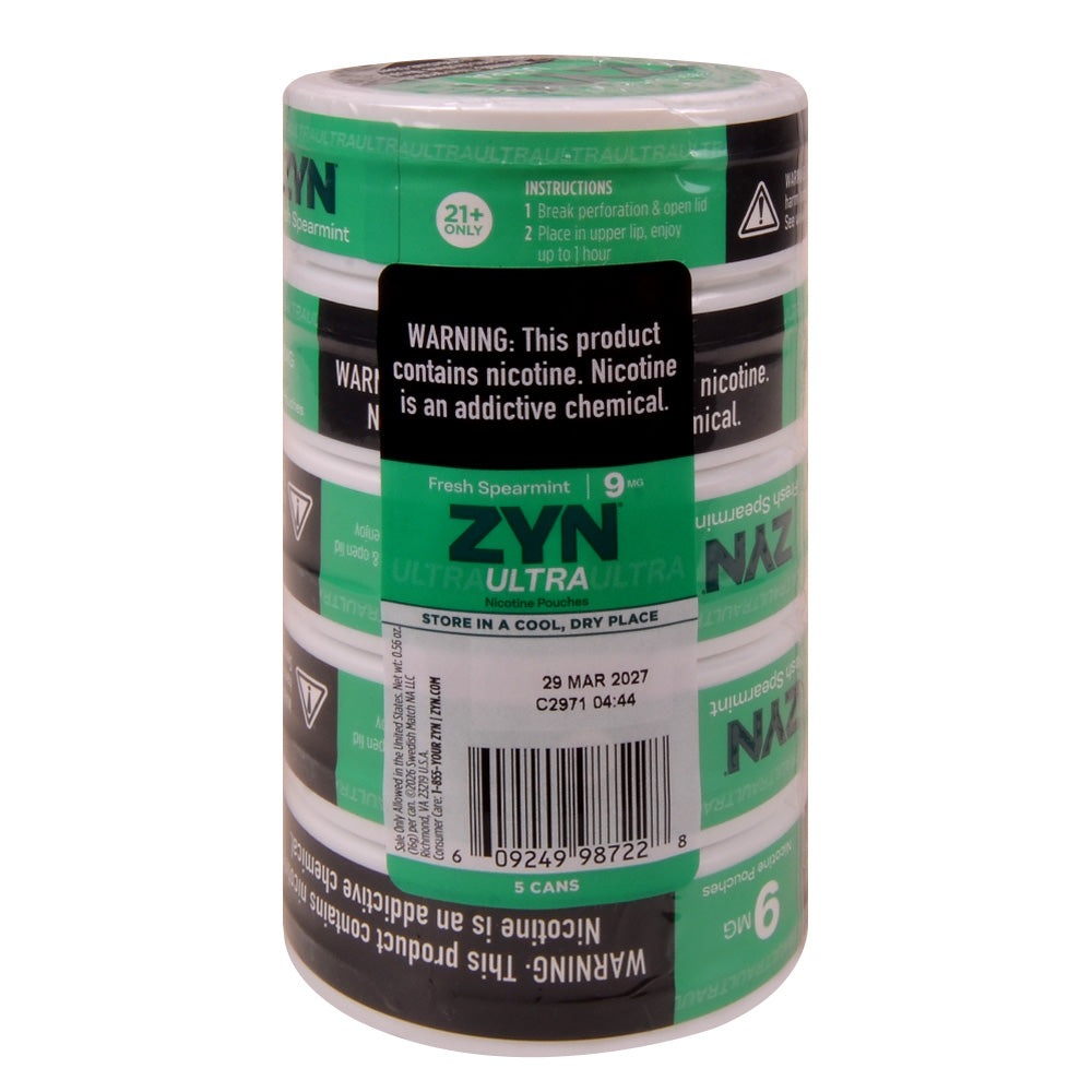 ZYN ULTRA Nicotine Pouches 9mg 5 Cans of 20 Fresh Spearmint
