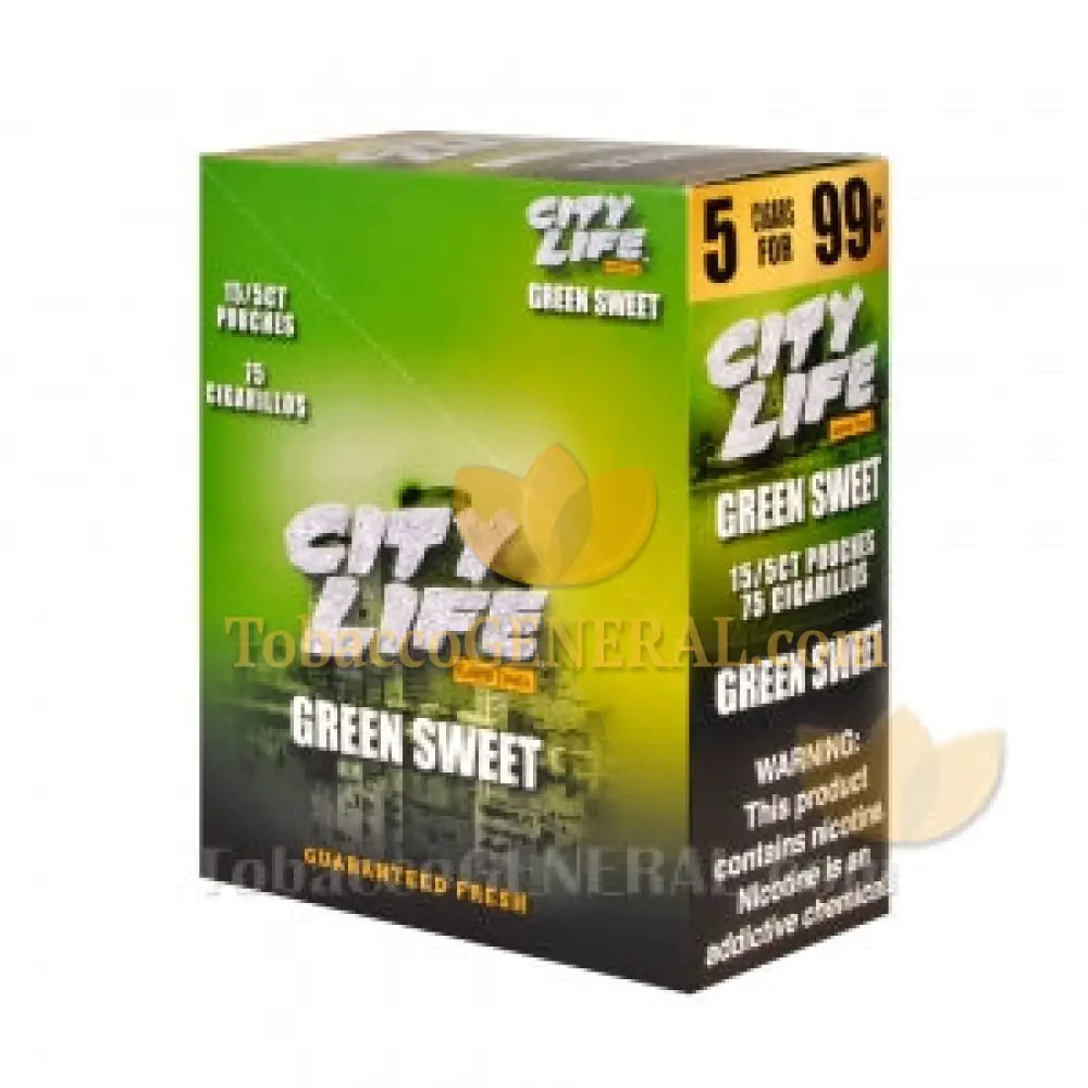 City Life Cigarillos 99 Cents Pre Priced 15 Packs of 5 Cigars Green Sweet