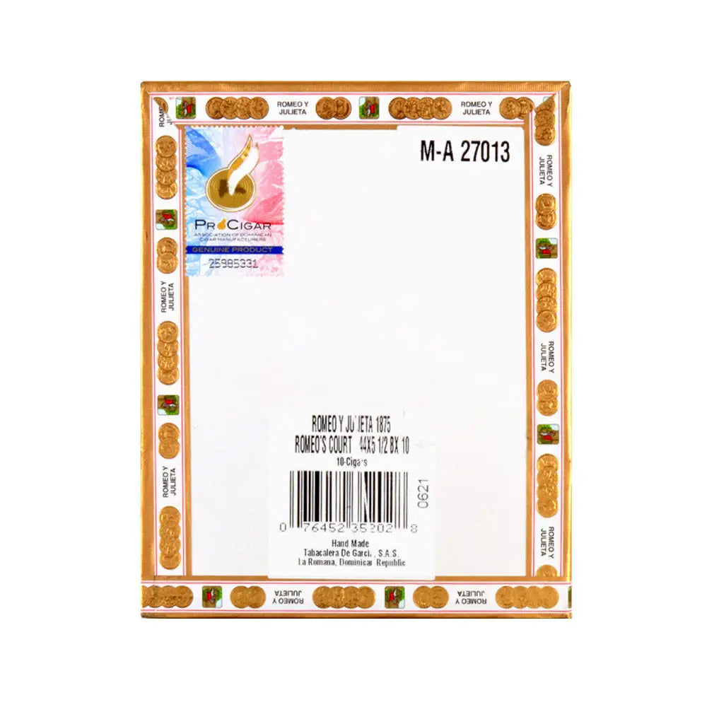 Romeo Y Julieta 1875 Romeo's Court Cigars Box of 10 3