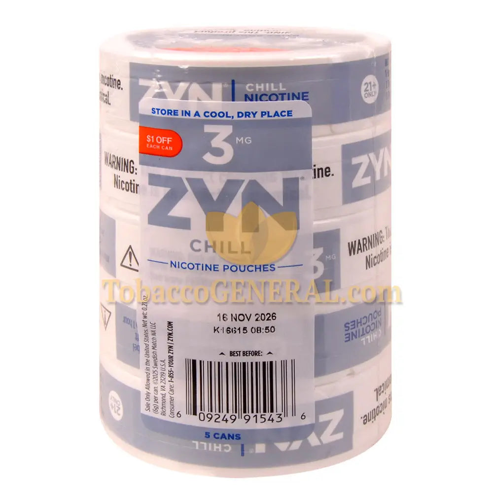 ZYN Nicotine Pouches 3mg 5 Cans of 15 Chill $1 OFF Promo