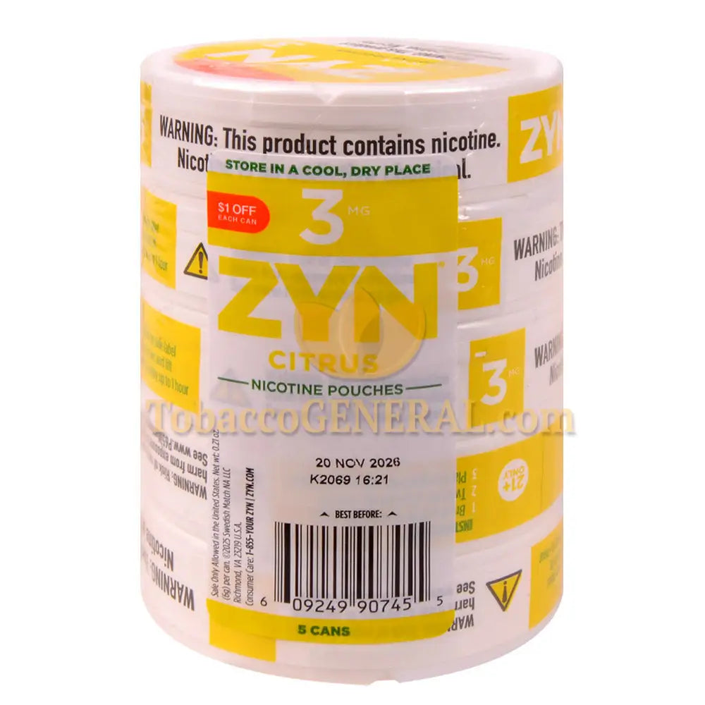 ZYN Nicotine Pouches 3mg 5 Cans of 15 Citrus $1 OFF Promo