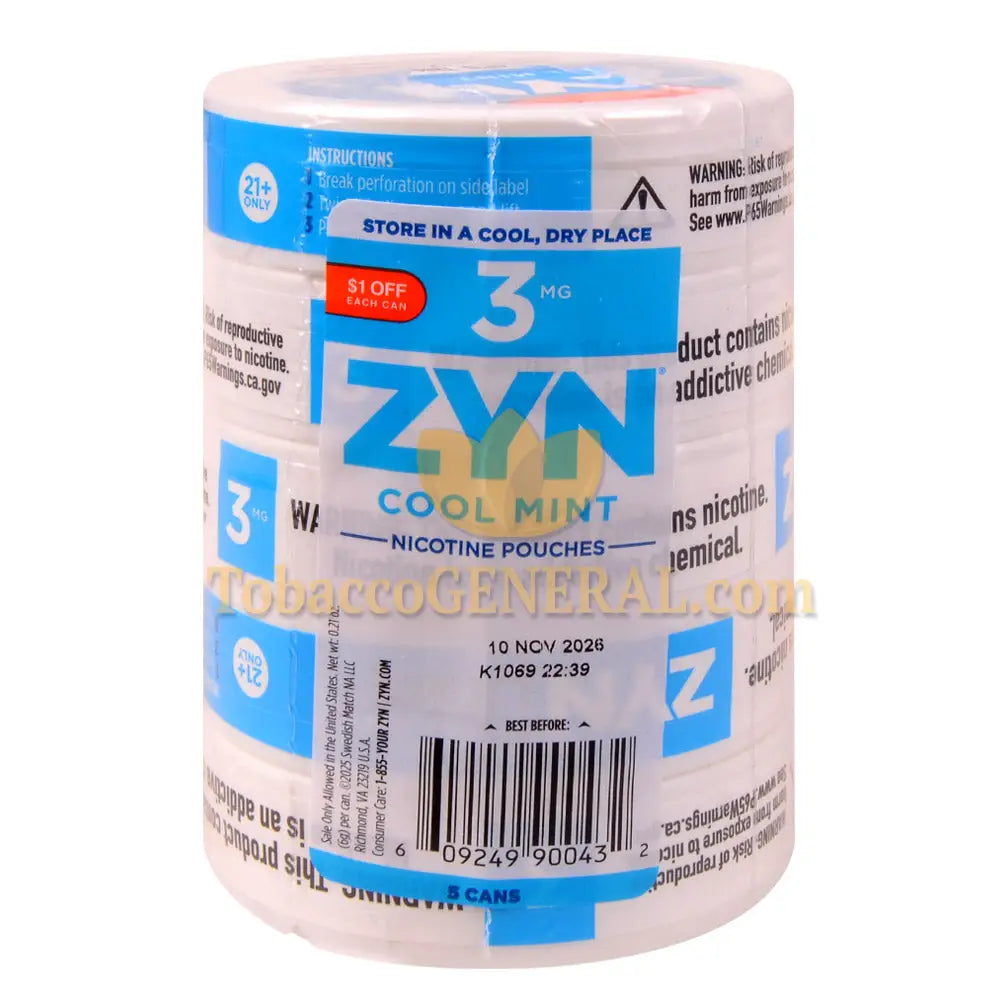 ZYN Nicotine Pouches 3mg 5 Cans of 15 Cool Mint $1 OFF Promo