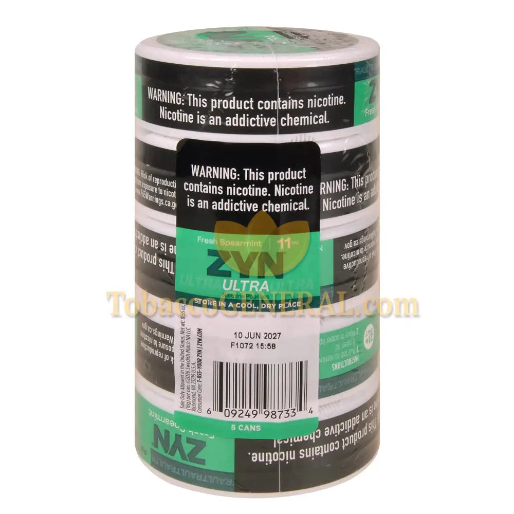 ZYN ULTRA Nicotine Pouches 11mg 5 Cans of 20 Fresh Spearmint