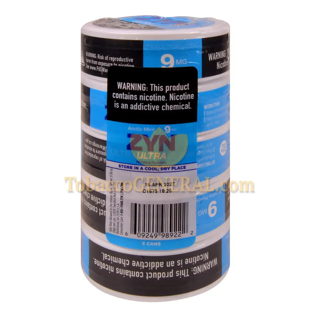 ZYN ULTRA Nicotine Pouches 9mg 5 Cans of 20 Arctic Mint