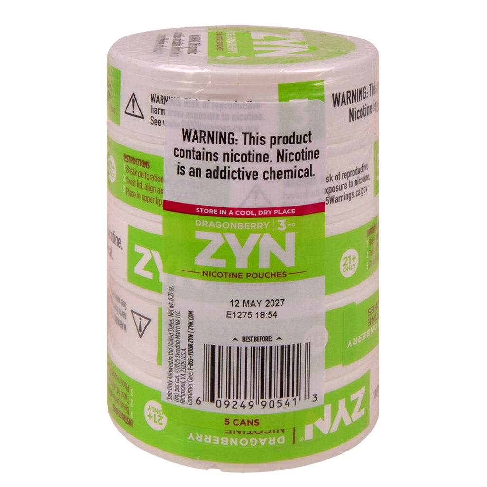 ZYN Nicotine Pouches 3mg 5 Cans of 15 Dragonberry