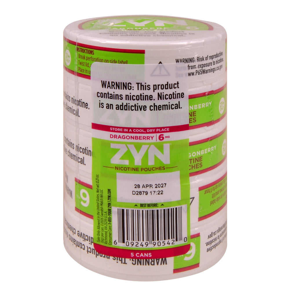 ZYN Nicotine Pouches 6mg 5 Cans of 15 Dragonberry