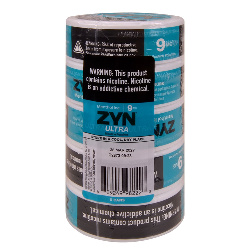 ZYN ULTRA Nicotine Pouches 9mg 5 Cans of 20 Menthol Ice
