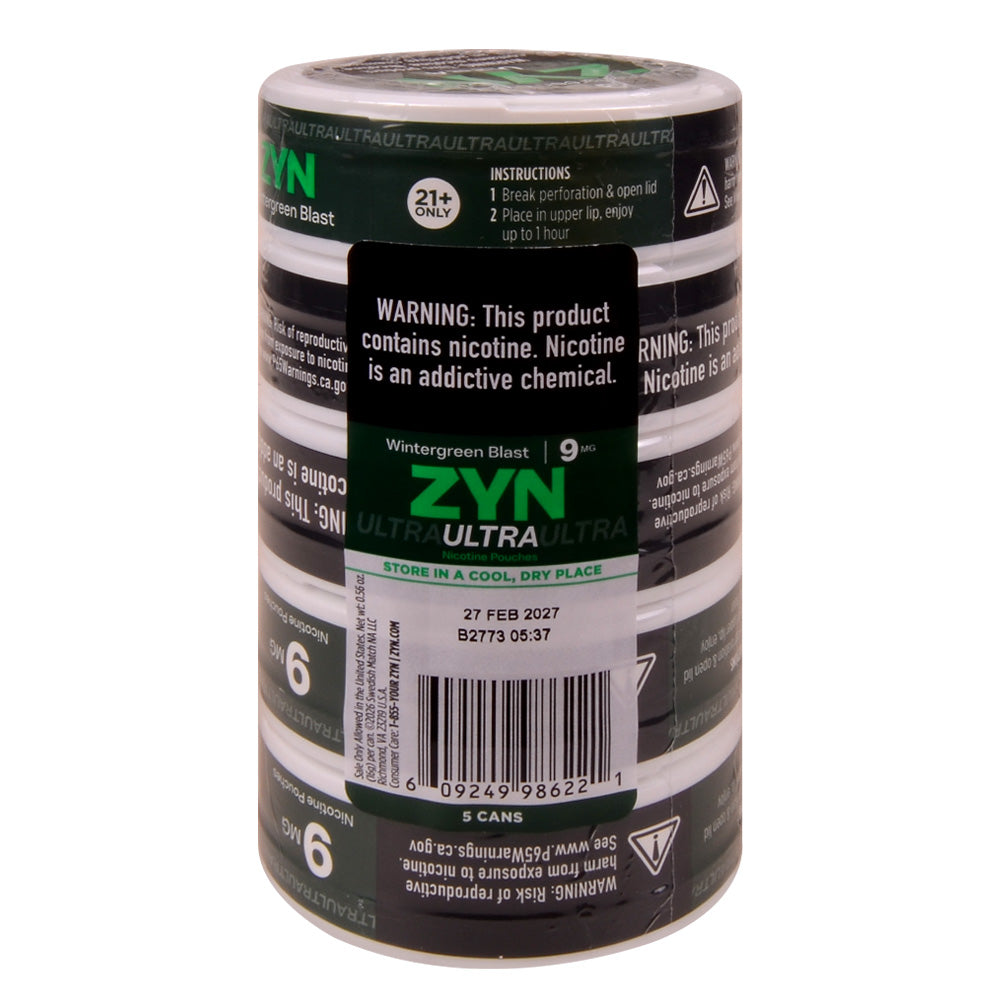 ZYN ULTRA Nicotine Pouches 9mg 5 Cans of 15 Wintergreen Blast