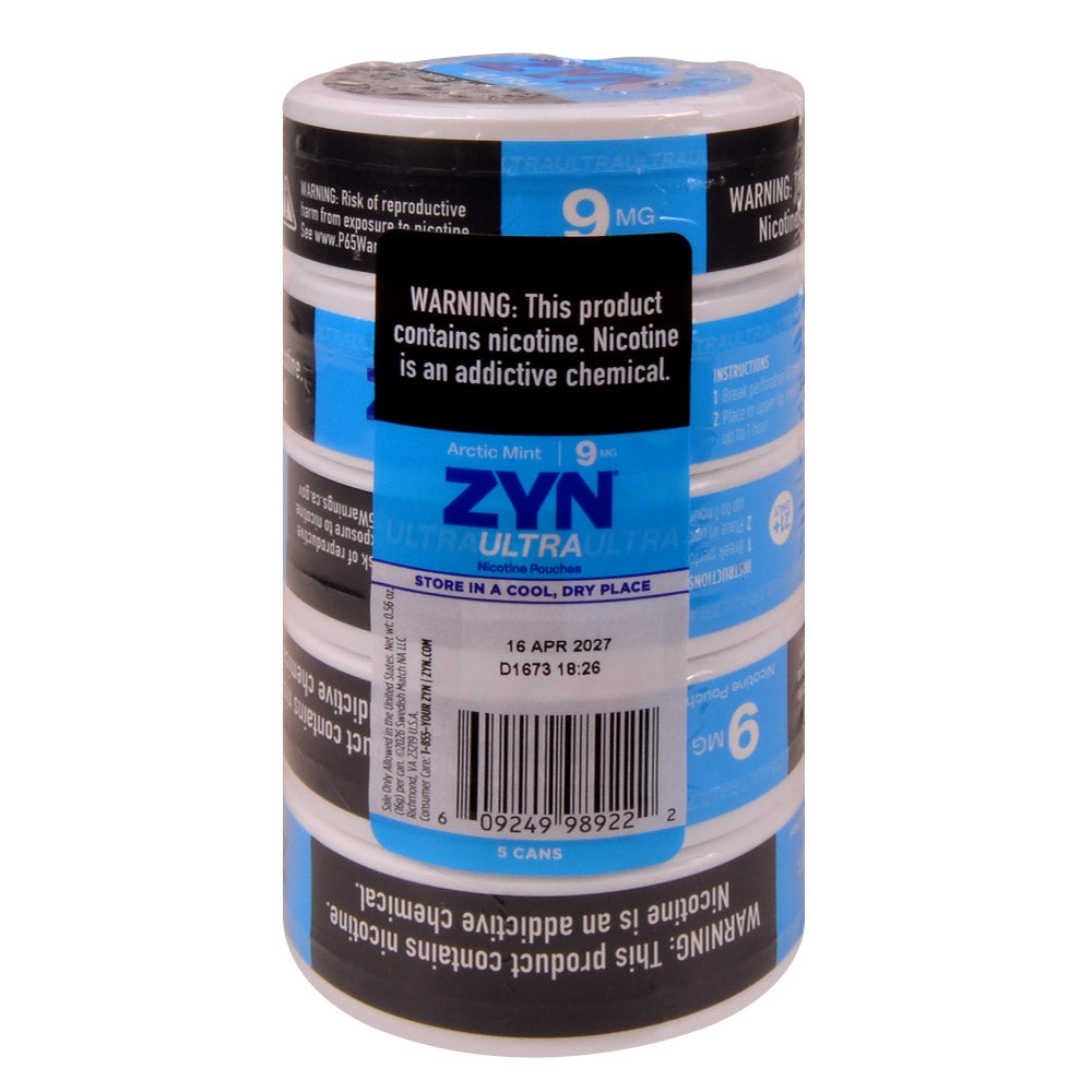ZYN ULTRA Nicotine Pouches 9mg 5 Cans of 20 Arctic Mint