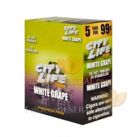 City Life Cigarillos White Grape 99 Cents Pre Priced 15 Packs of 5 Cigars