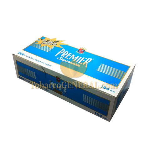 premier brand cigarette tobacco Supermatic Blue (Light) 100mm Tubes 200 Count Per Box 1 Box 200 filter tipped cigarette tubes per box 100mm Made in the USA White tube White Filter Tip Premier Manufacturing's New Packaging for
