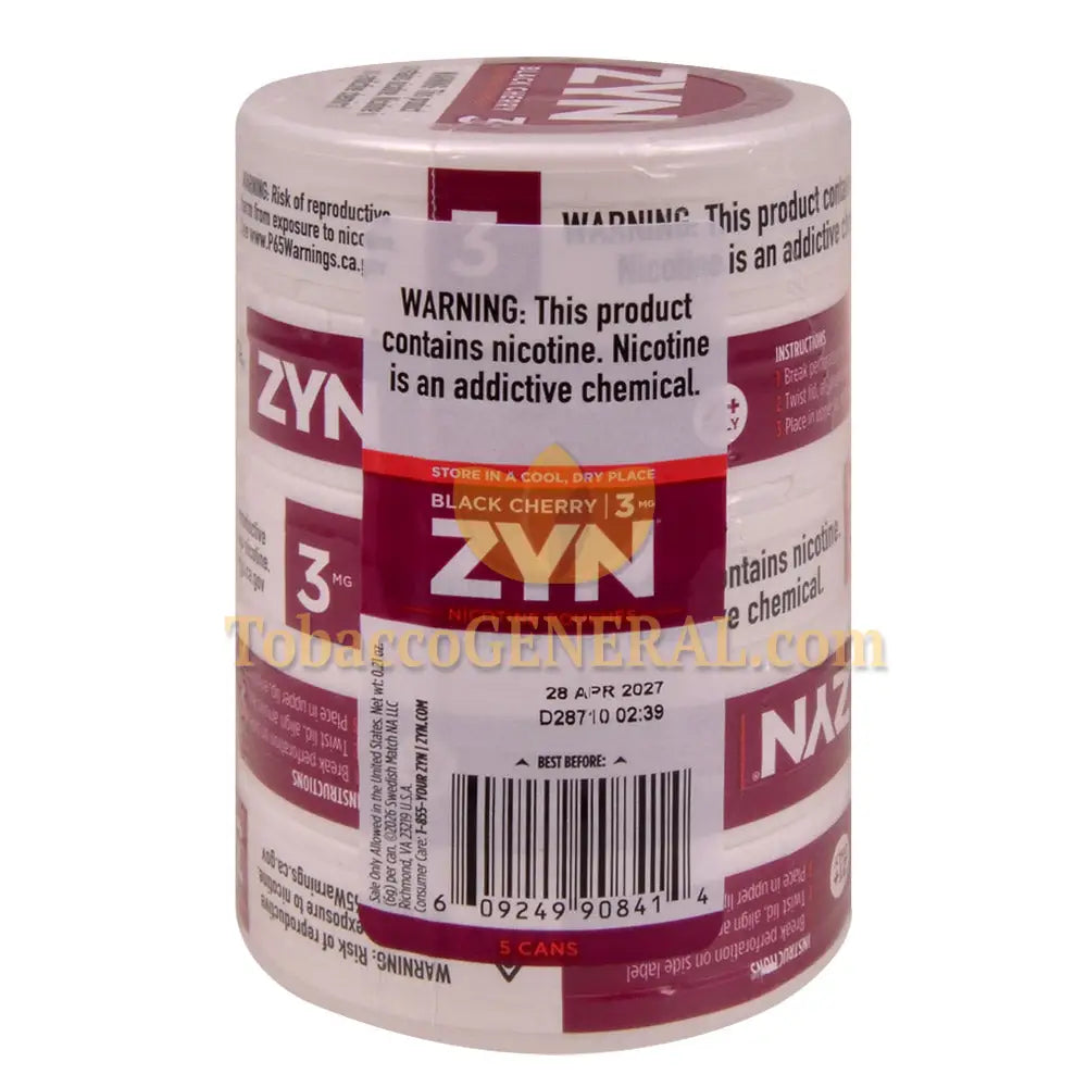 ZYN Nicotine Pouches 3mg 5 Cans of 15 Black Cherry