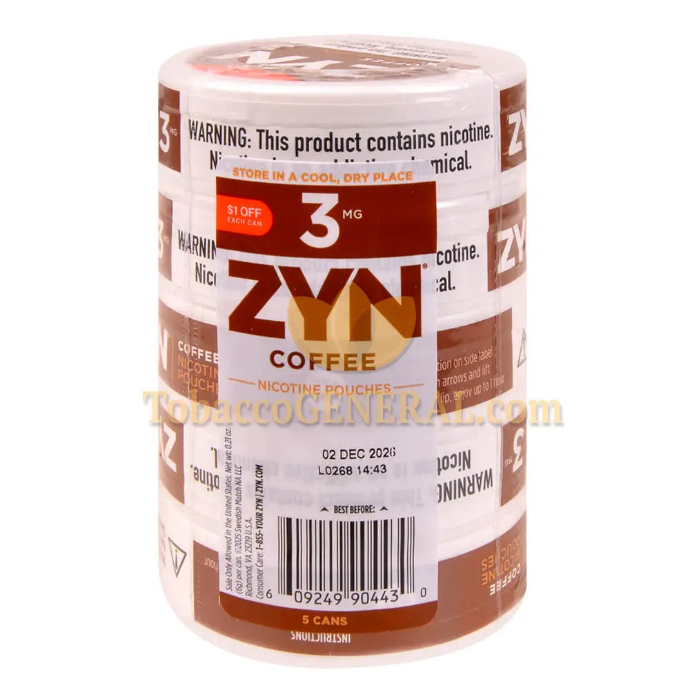 ZYN Nicotine Pouches 3mg 5 Cans of 15 Coffee $1 OFF Promo