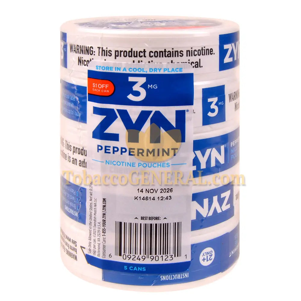 ZYN Nicotine Pouches 3mg 5 Cans of 15 Peppermint $1 OFF Promo