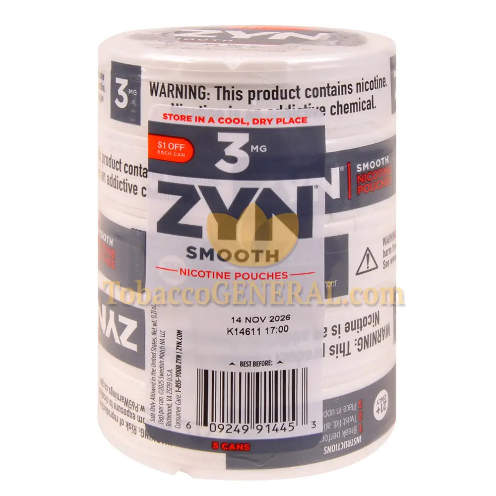 ZYN Nicotine Pouches 3mg 5 Cans of 15 Smooth $1 OFF Promo