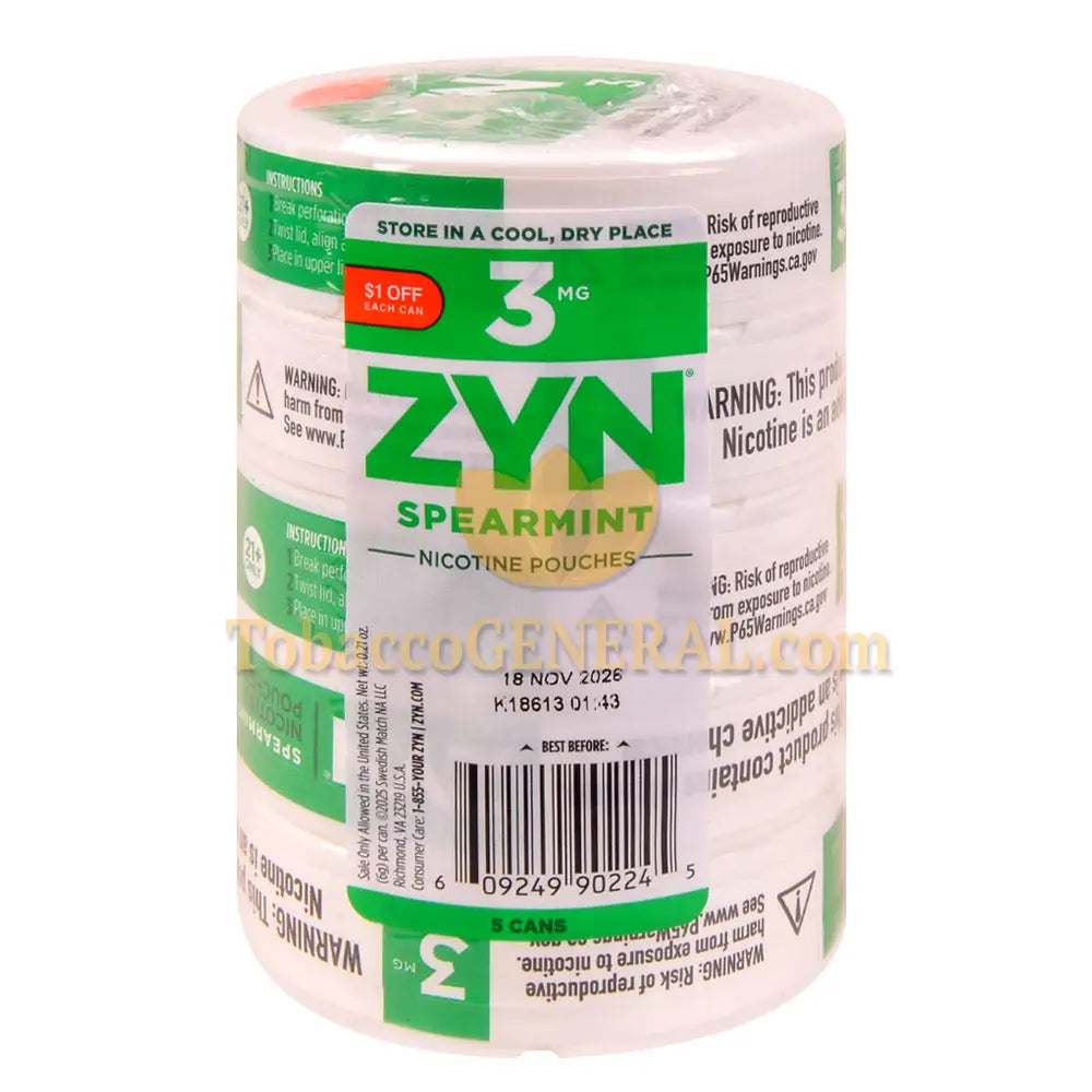 ZYN Nicotine Pouches 3mg 5 Cans of 15 Spearmint $1 OFF Promo