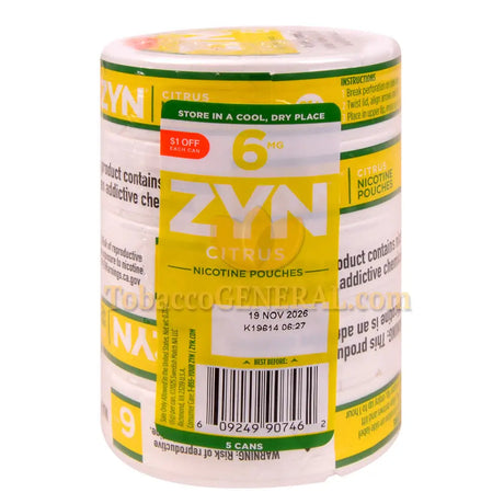 ZYN Nicotine Pouches 6mg 5 Cans of 15 Citrus $1 OFF Promo