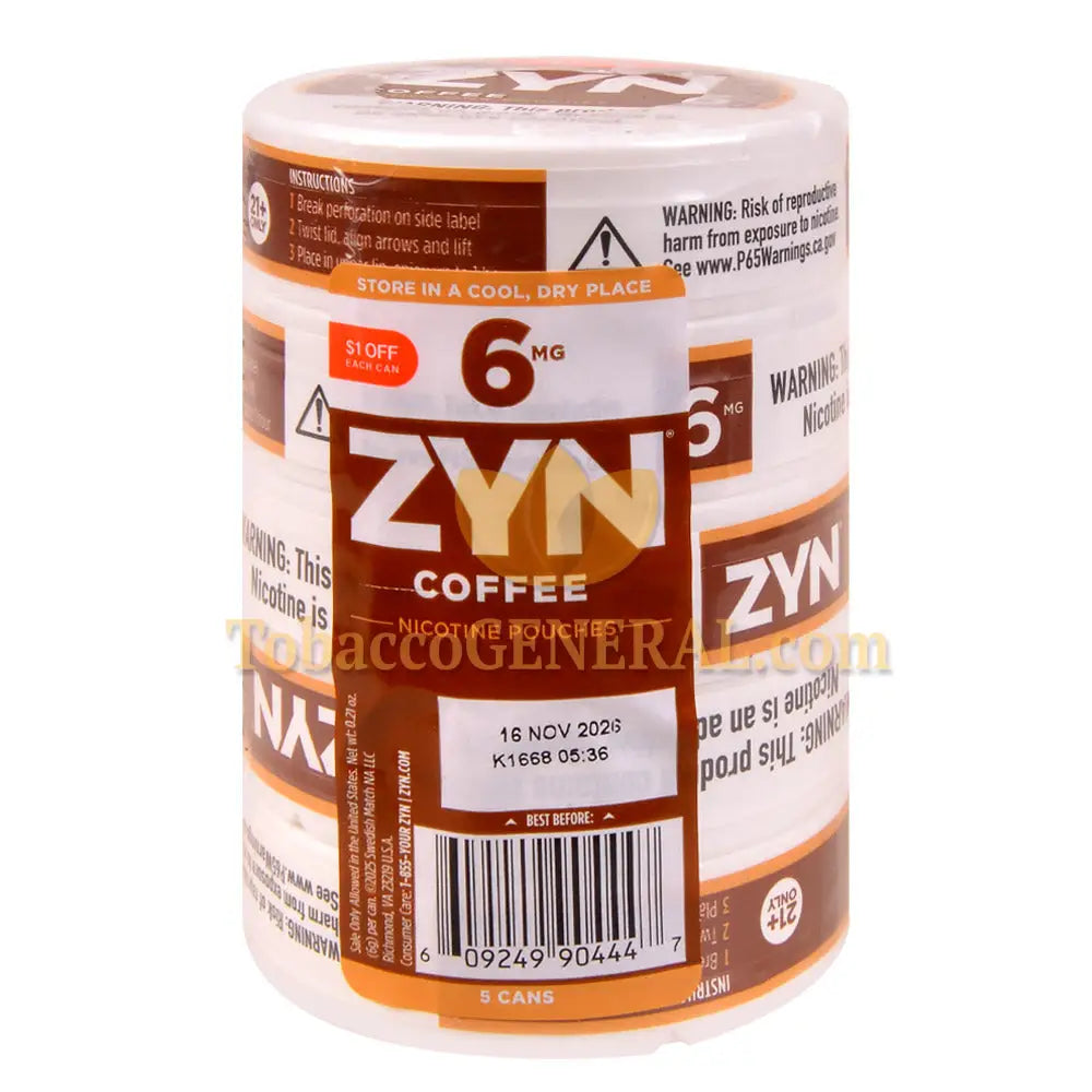 ZYN Nicotine Pouches 6mg 5 Cans of 15 Coffee $1 OFF Promo