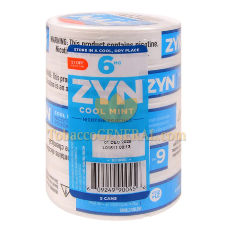 ZYN Nicotine Pouches 6mg 5 Cans of 15 Cool Mint $1 OFF Promo