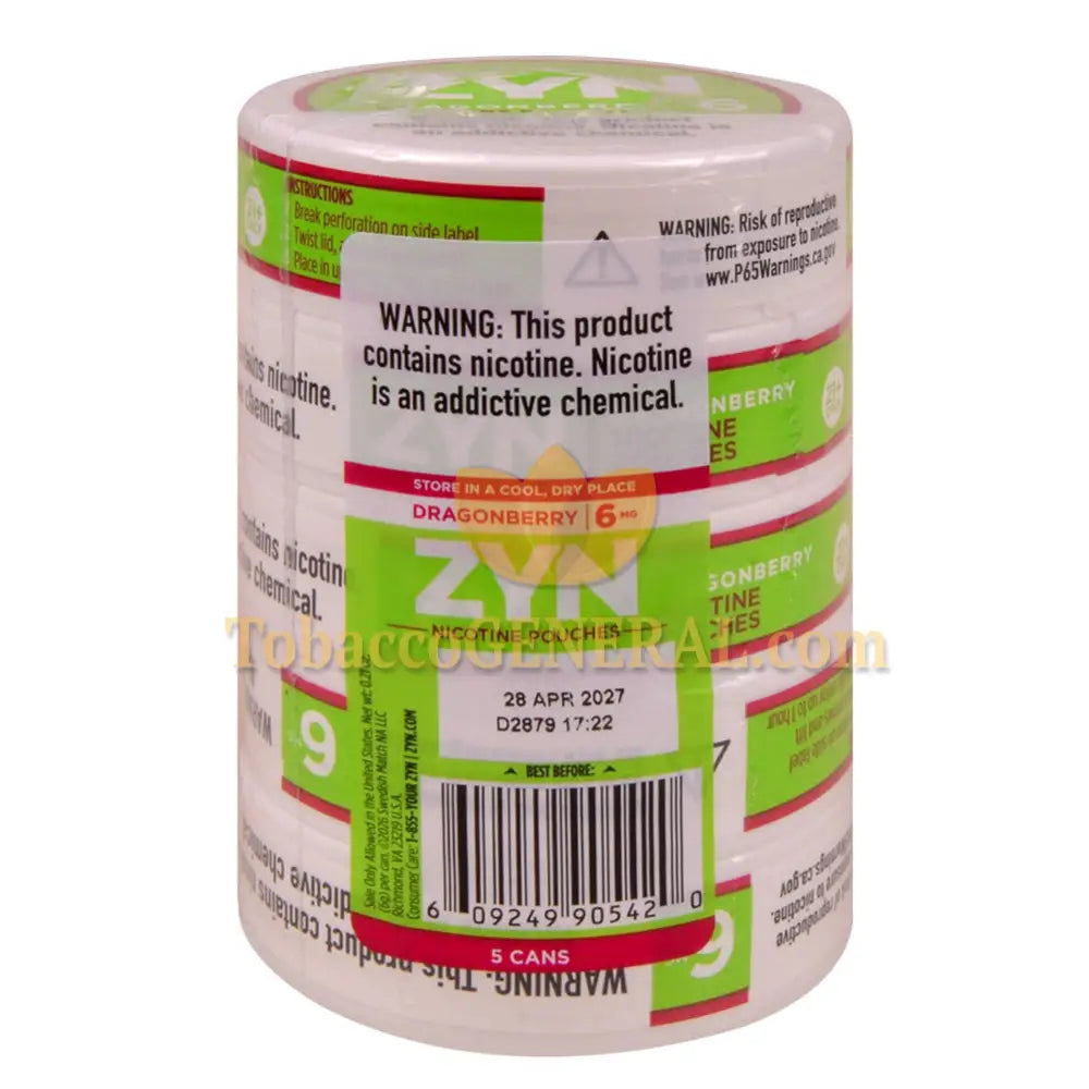 ZYN Nicotine Pouches 6mg 5 Cans of 15 Dragonberry