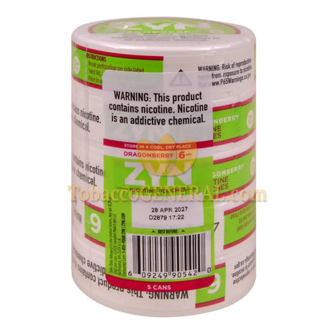 ZYN Nicotine Pouches 6mg 5 Cans of 15 Dragonberry