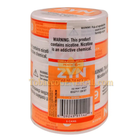 ZYN Nicotine Pouches 6mg 5 Cans of 15 Peach