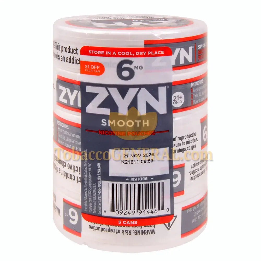 ZYN Nicotine Pouches 6mg 5 Cans of 15 Smooth $1 OFF Promo