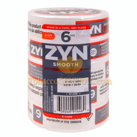 ZYN Nicotine Pouches 6mg 5 Cans of 15 Smooth $1 OFF Promo