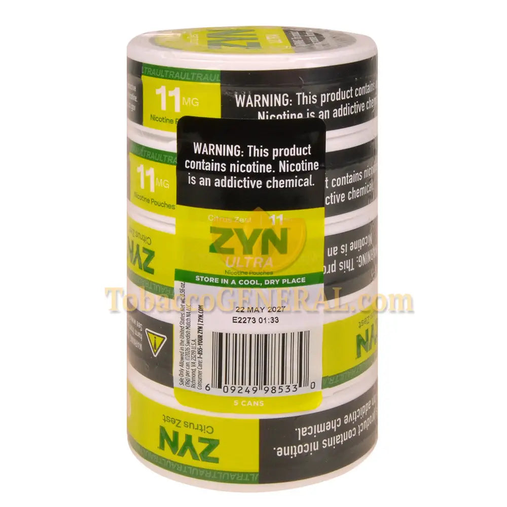 ZYN ULTRA Nicotine Pouches 11mg 5 Cans of 20 Citrus Zest
