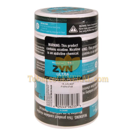 ZYN ULTRA Nicotine Pouches 11mg 5 Cans of 20 Menthol Ice