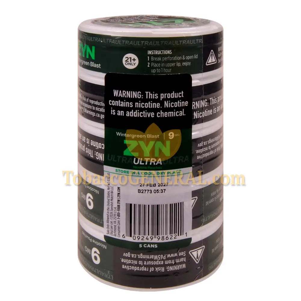 ZYN ULTRA Nicotine Pouches 9mg 5 Cans of 15 Wintergreen Blast