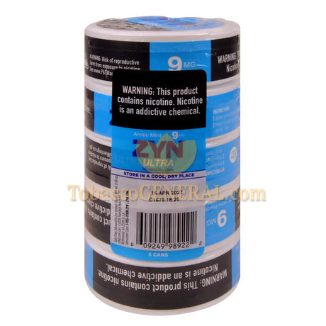ZYN ULTRA Nicotine Pouches 9mg 5 Cans of 20 Arctic Mint