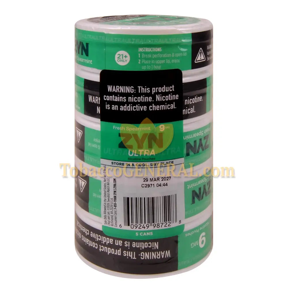 ZYN ULTRA Nicotine Pouches 9mg 5 Cans of 20 Fresh Spearmint