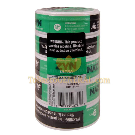 ZYN ULTRA Nicotine Pouches 9mg 5 Cans of 20 Fresh Spearmint