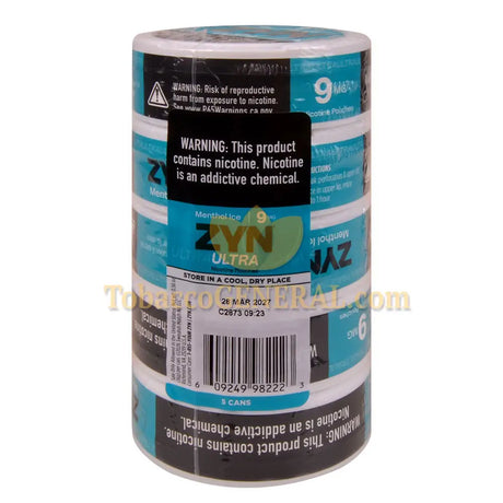 ZYN ULTRA Nicotine Pouches 9mg 5 Cans of 20 Menthol Ice