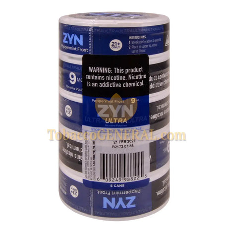 ZYN ULTRA Nicotine Pouches 9mg 5 Cans of 20 Peppermint Frost